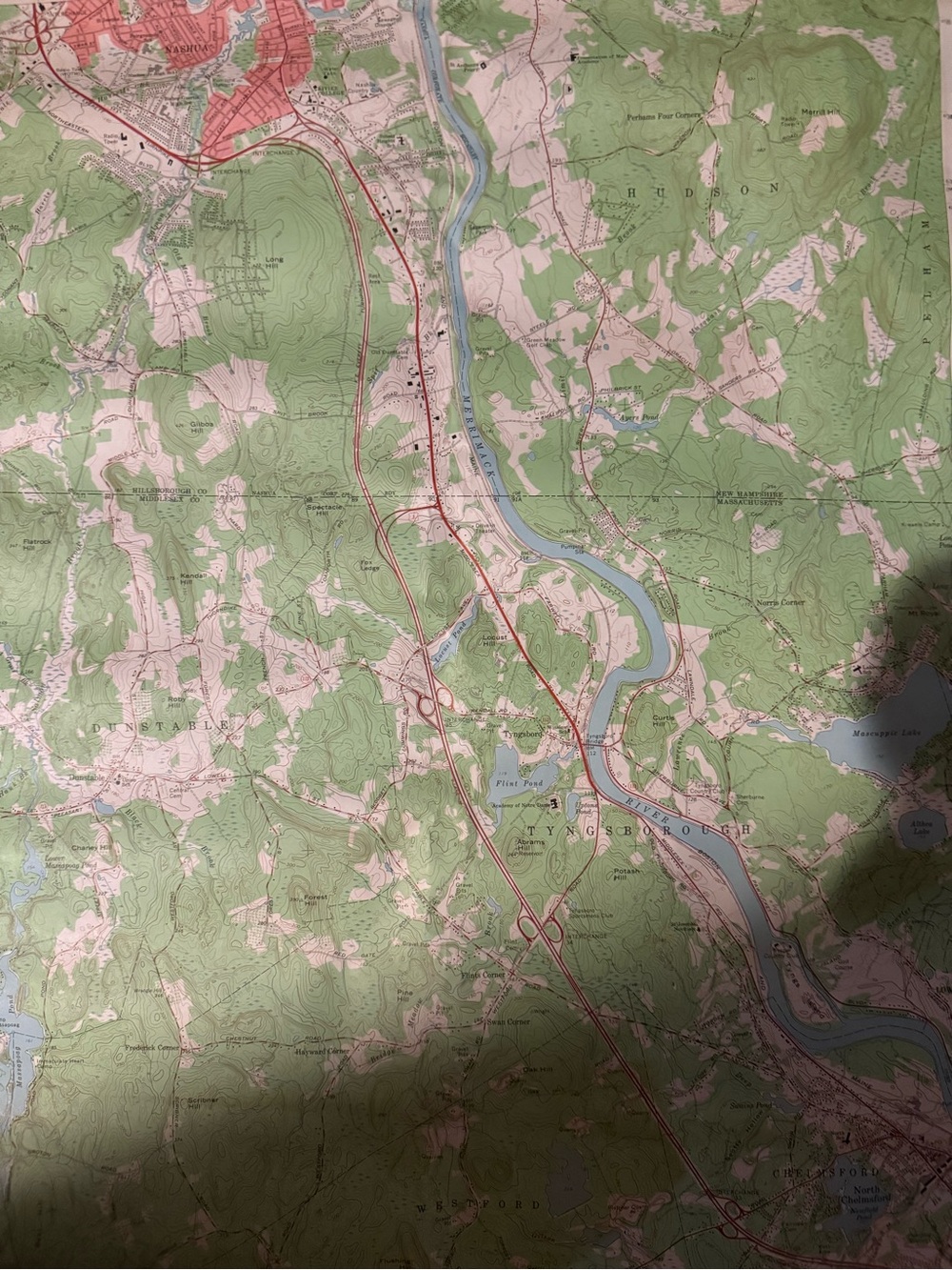 Vintage USGS Topographic Map Poster in Green and Blue Nashua South Quad NH MA
